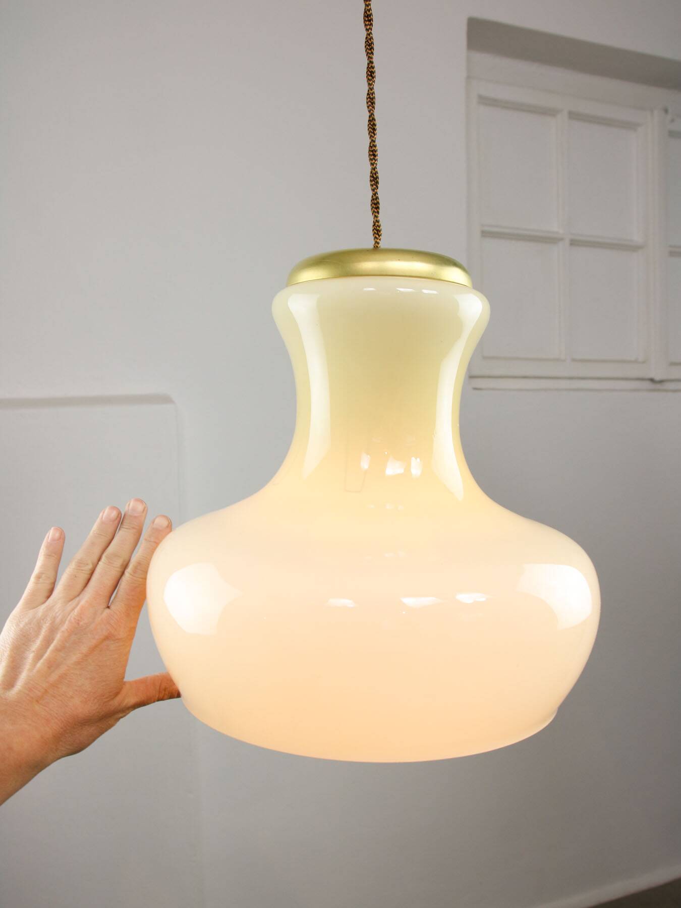Mid-Century Italian Brass and Yellow Glass Pendant Lamp