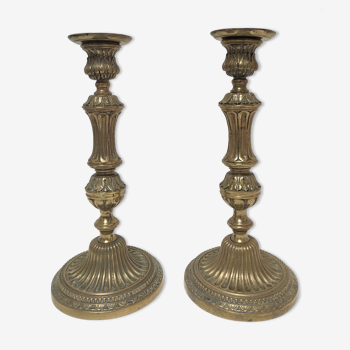 Paire de bougeoirs flambeaux bronze doré patiné style louis xvi époque 19ème