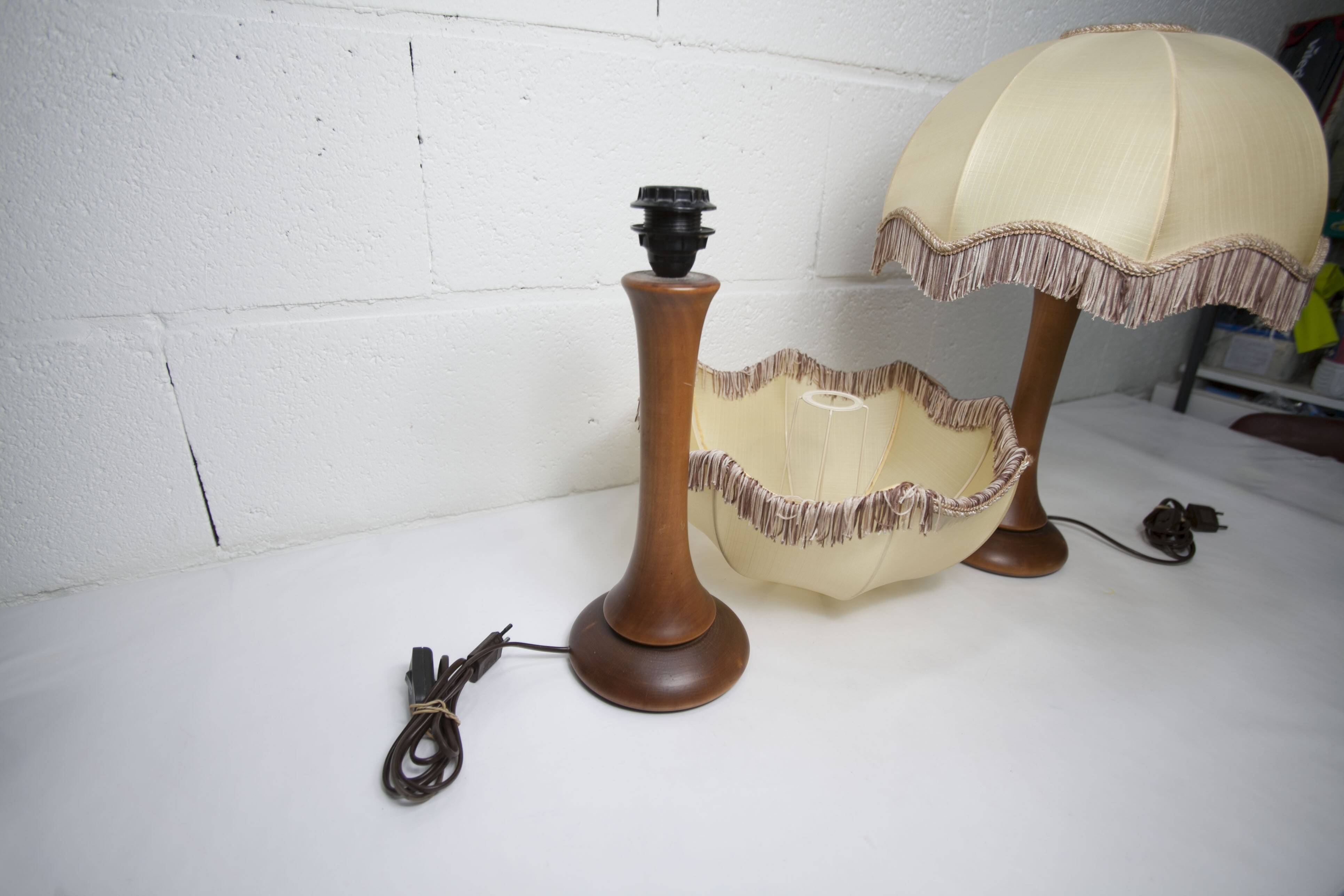 Pair of 1930s Art Deco bedside lamps with fringes, solid wood legs 52cm