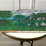 Tableau huile sur toile paysage église pointillisme ancien