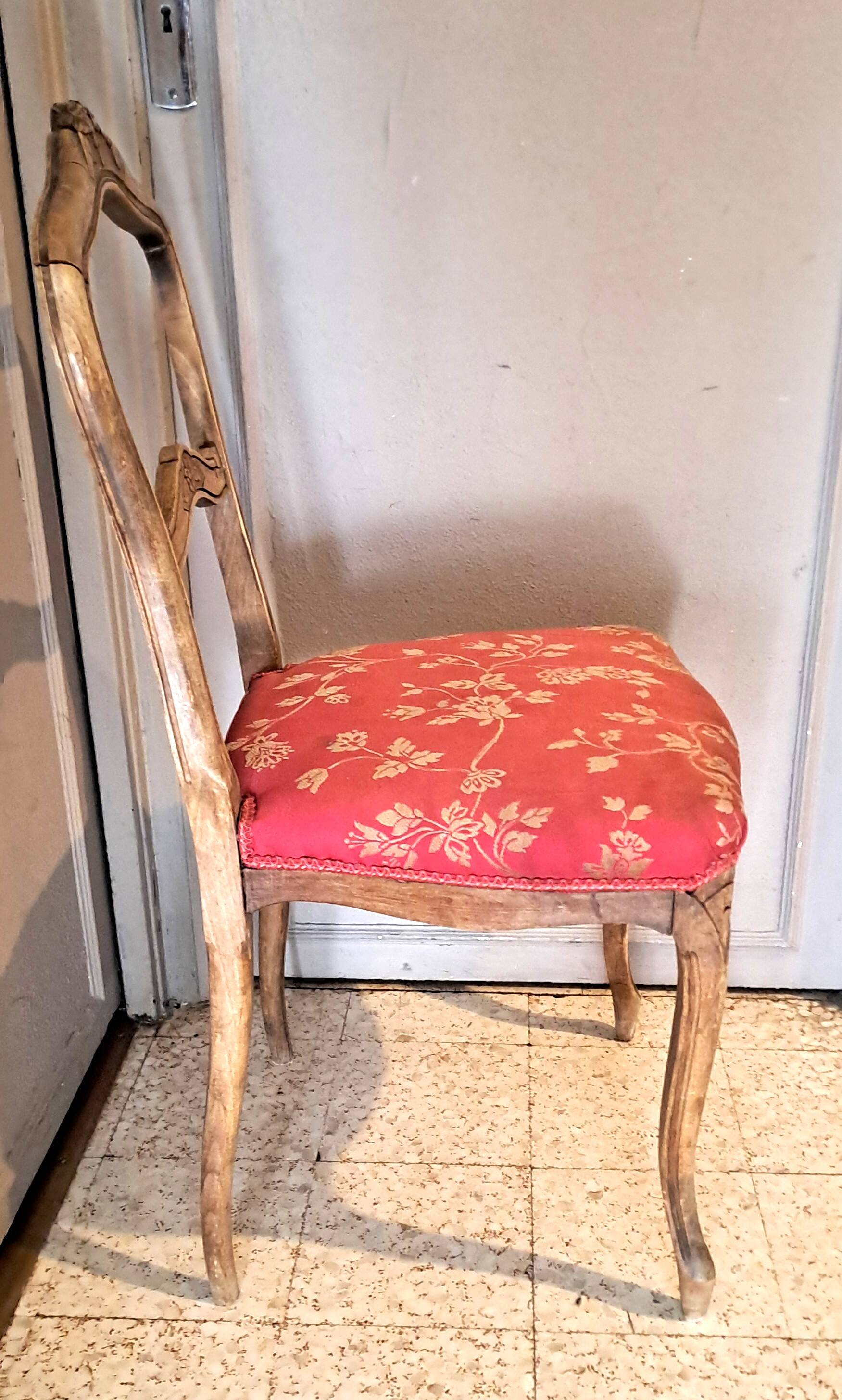 Wooden chair with varnished wood and red satin brocade fabric, 1920