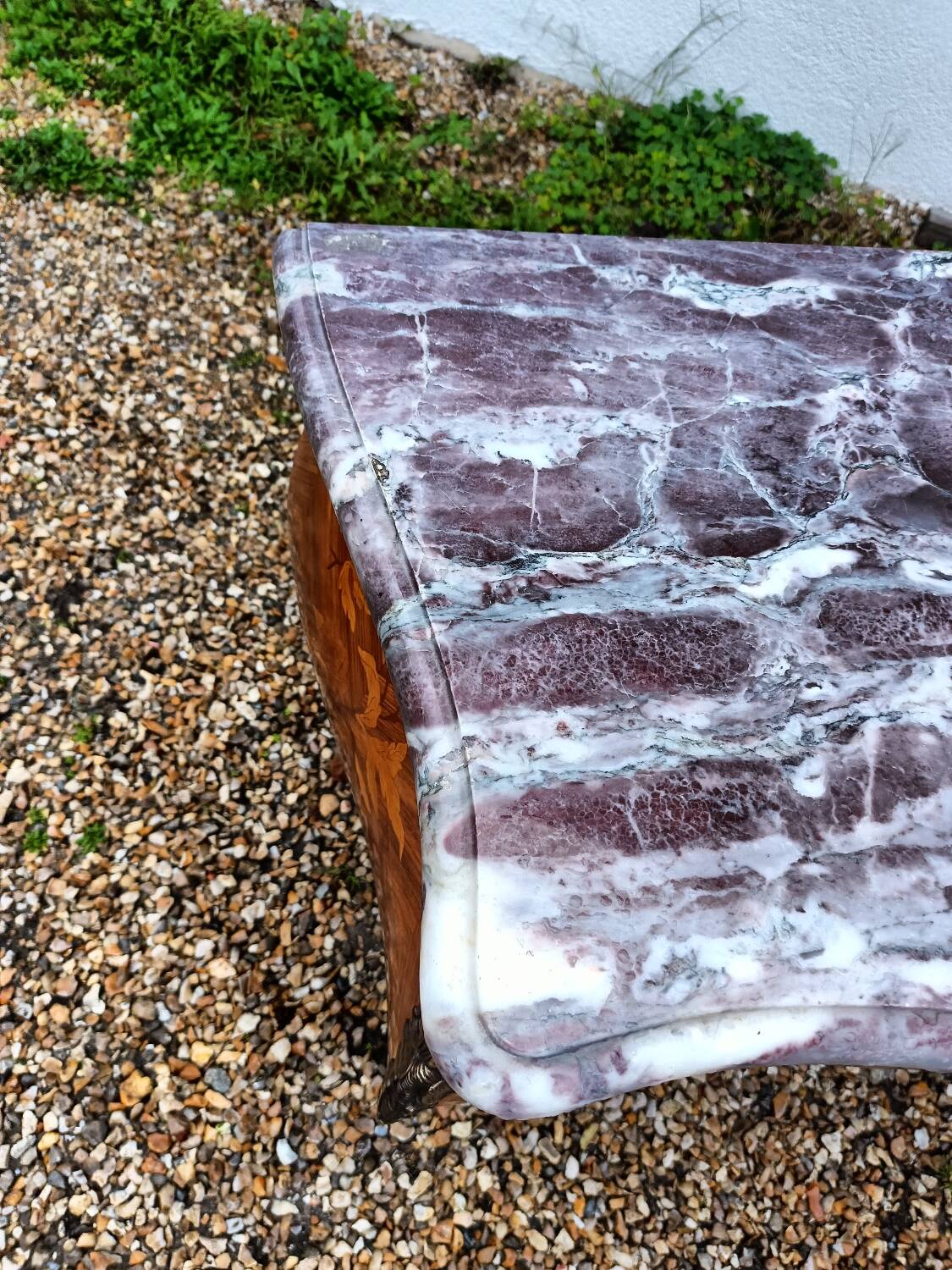 Old marquetry chest of drawers, Louis XV style marble top