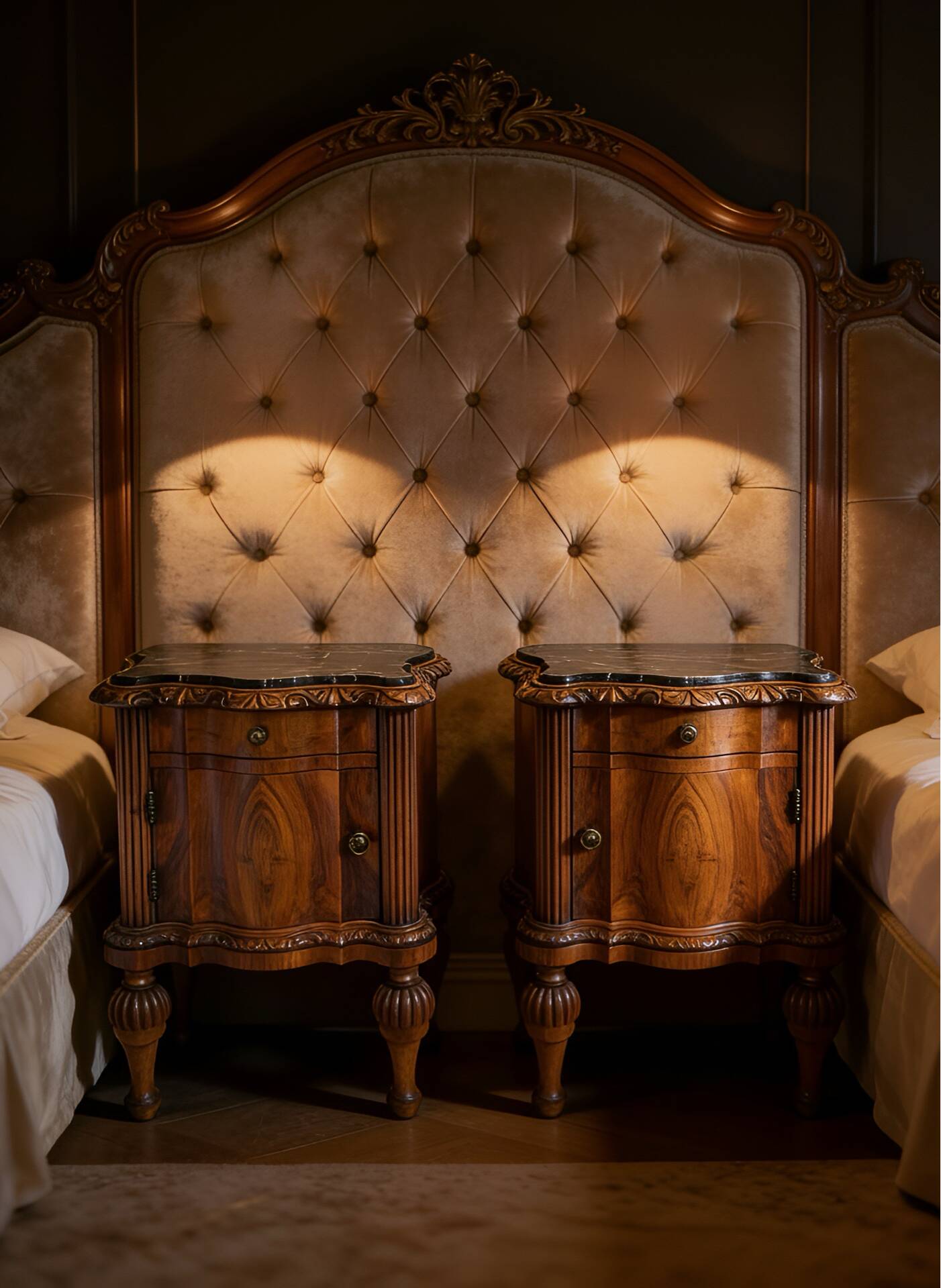 art deco walnut serpentine nightstands, 1920s