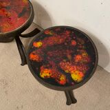 Pair of brutalist side tables, steel and ceramic, 1970