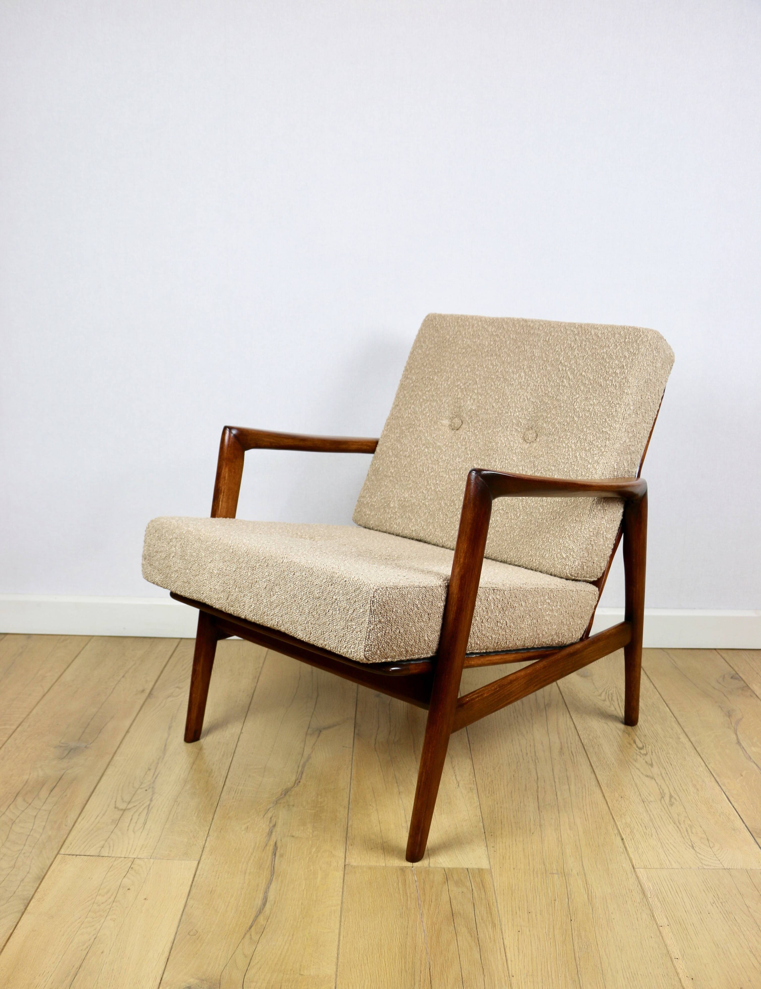 PRL armchair "Stefan" oak wood vintage beige - gold boucle - 3 pieces available