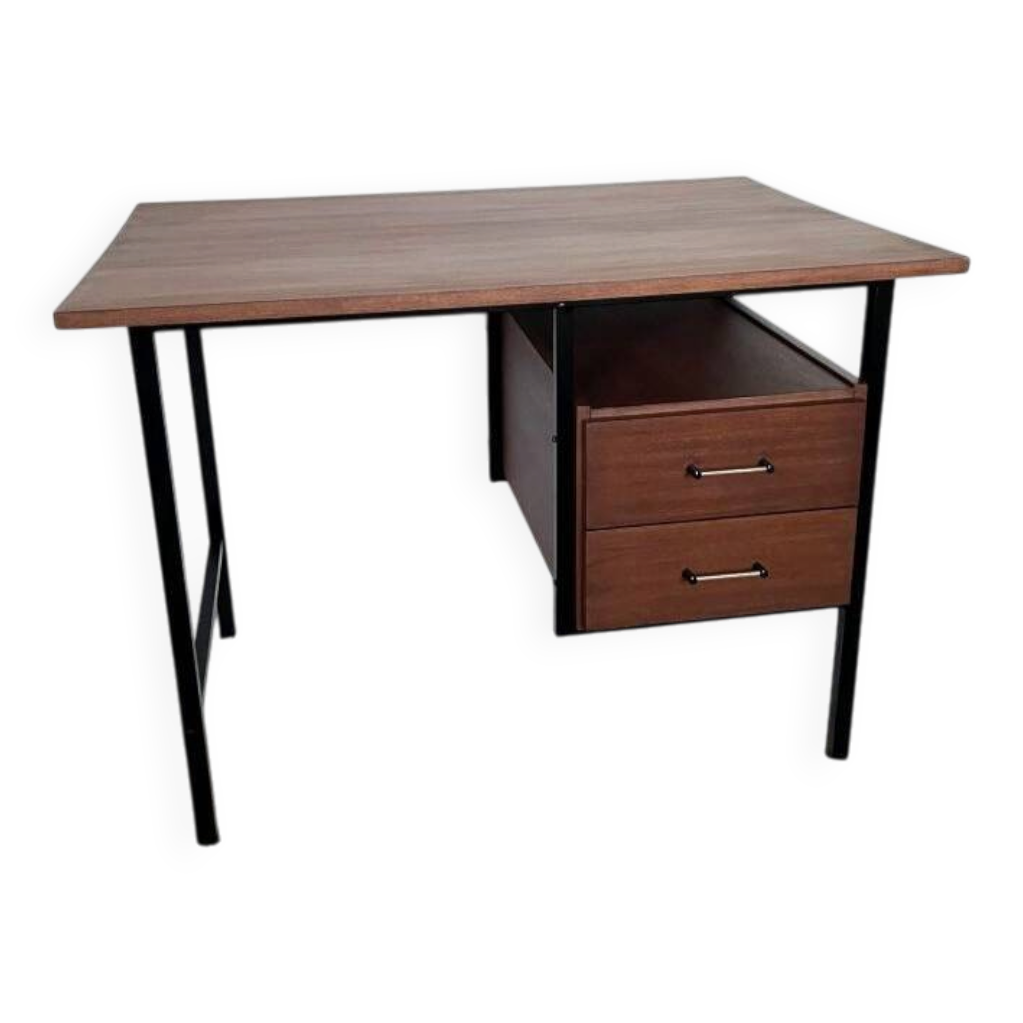 Bureau moderniste 2 tiroirs vintage en bois et métal noir