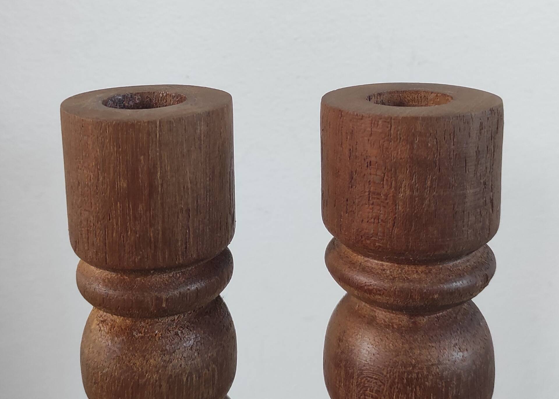 Brutalist turned wood candlestick pair