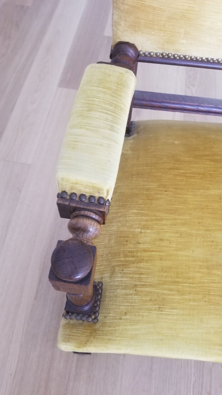 Mustard yellow wooden and velvet armchair