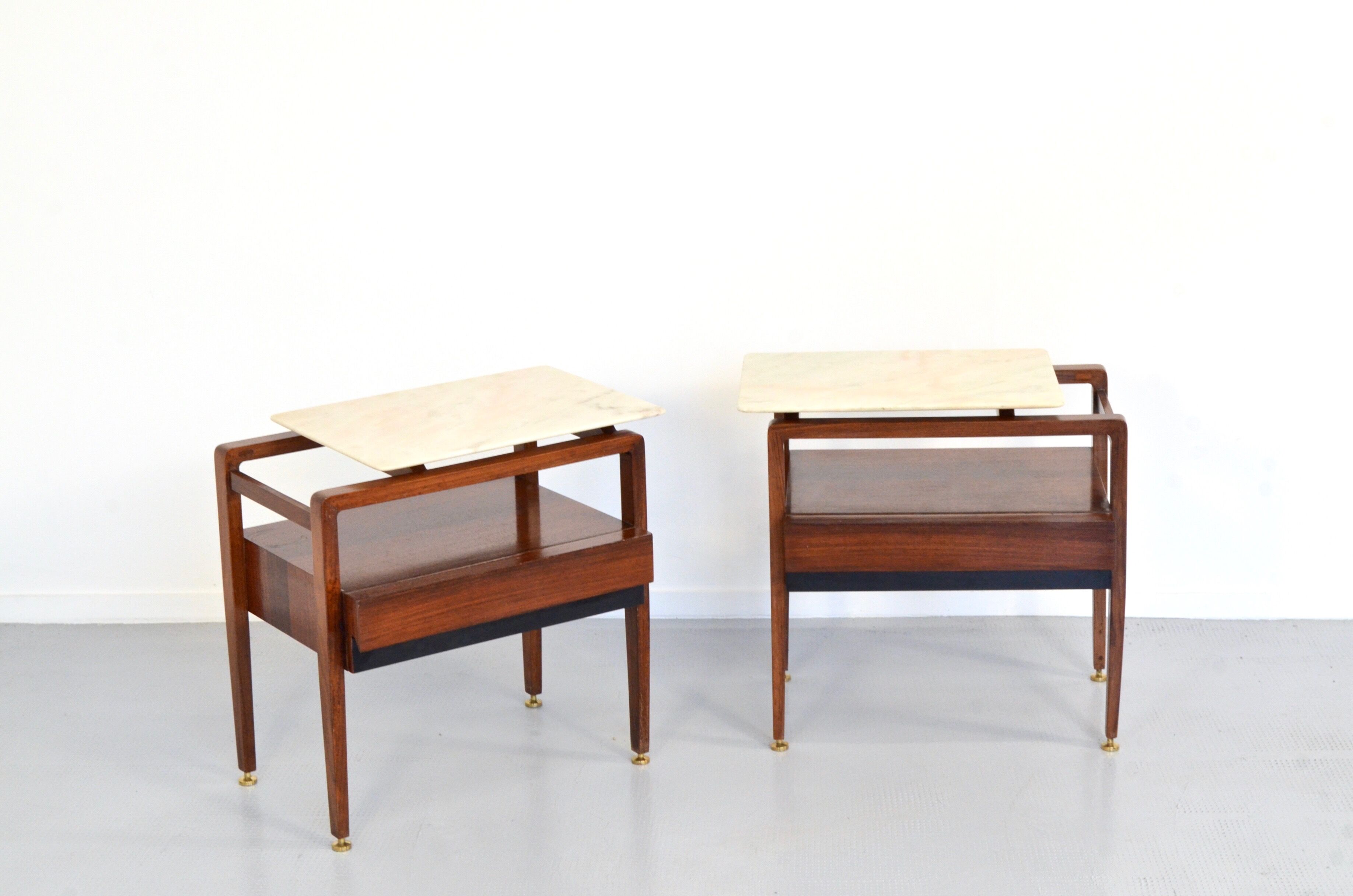 Set of 2 italian midcentury rosewood and carrara marble bedside tables