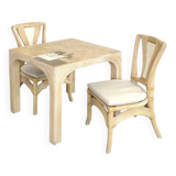 Square Rattan and Stone Marquetry Table with Matching Chairs, 1970
