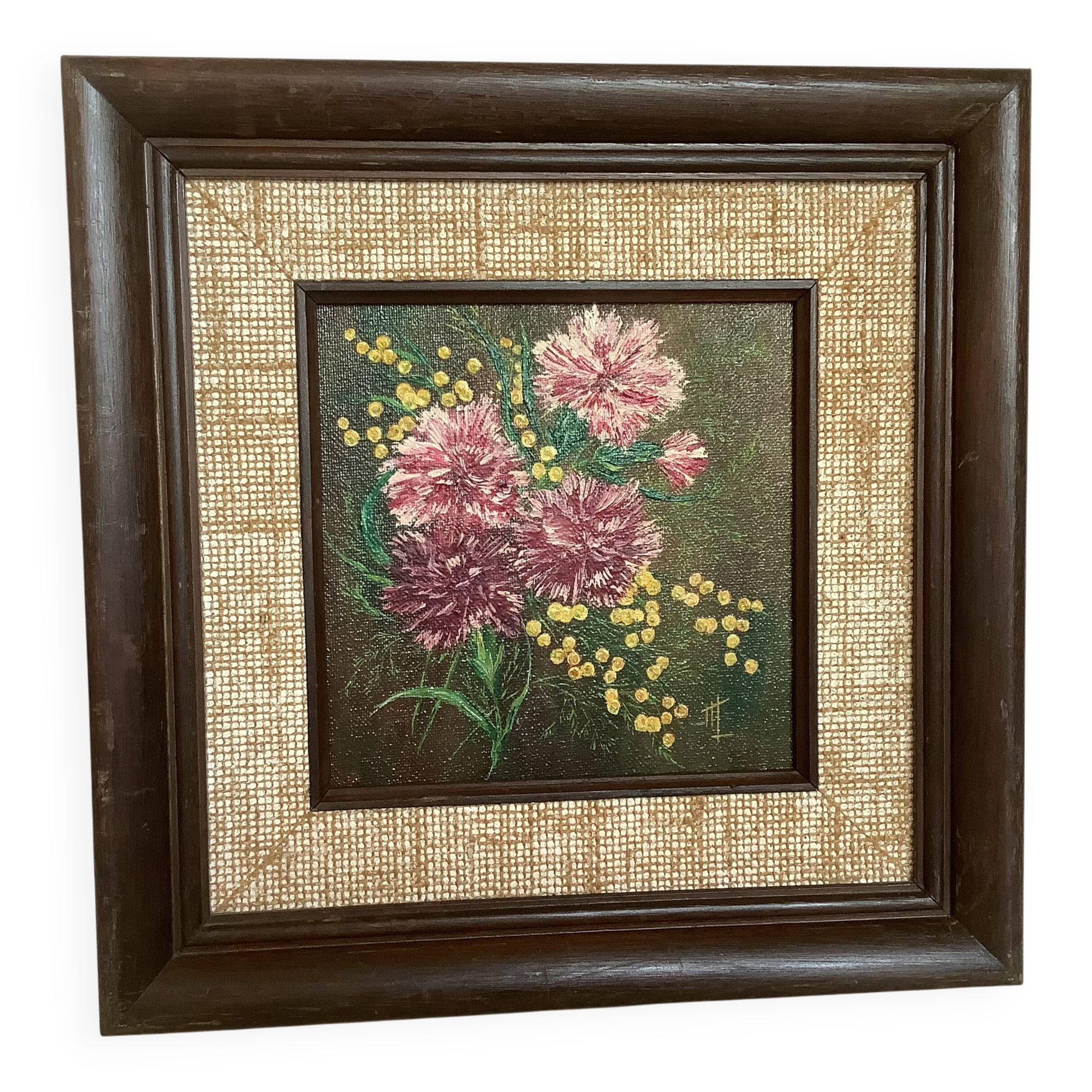 Tableau bouquet de fleurs huile sur carton signée
