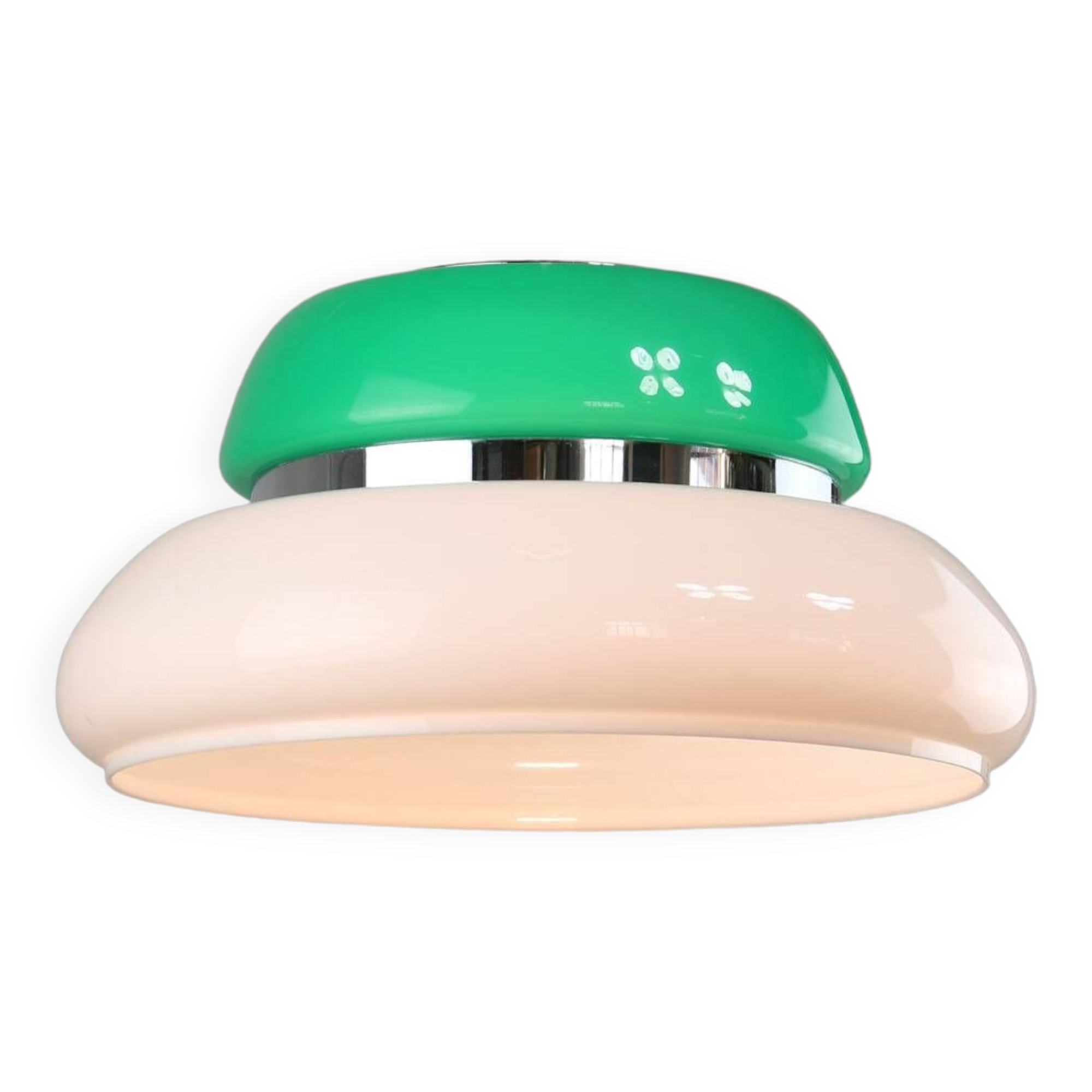 Italian Space Age Lamp in Green in White & Green Plexiglas and Chrome, 70s