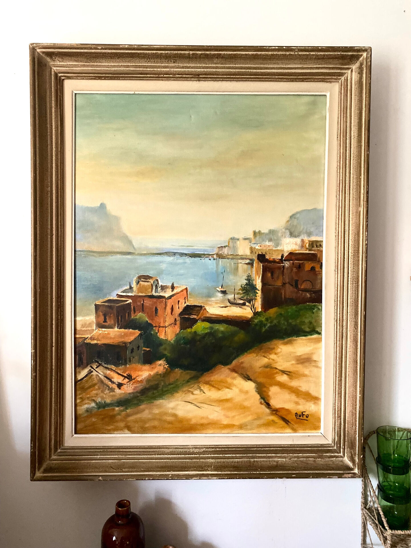 Old oil on canvas, Mediterranean port scene signed Rufo.