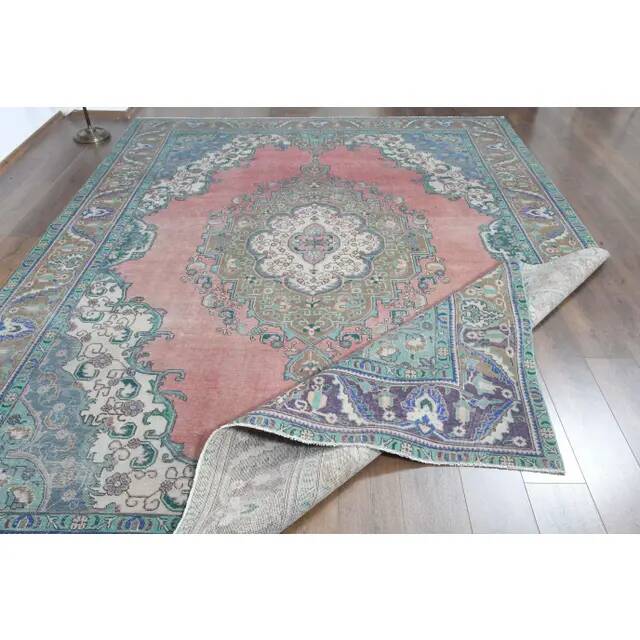 1970s Vintage Persian Handmade Wool Cotton Pink Area Rug 282x385