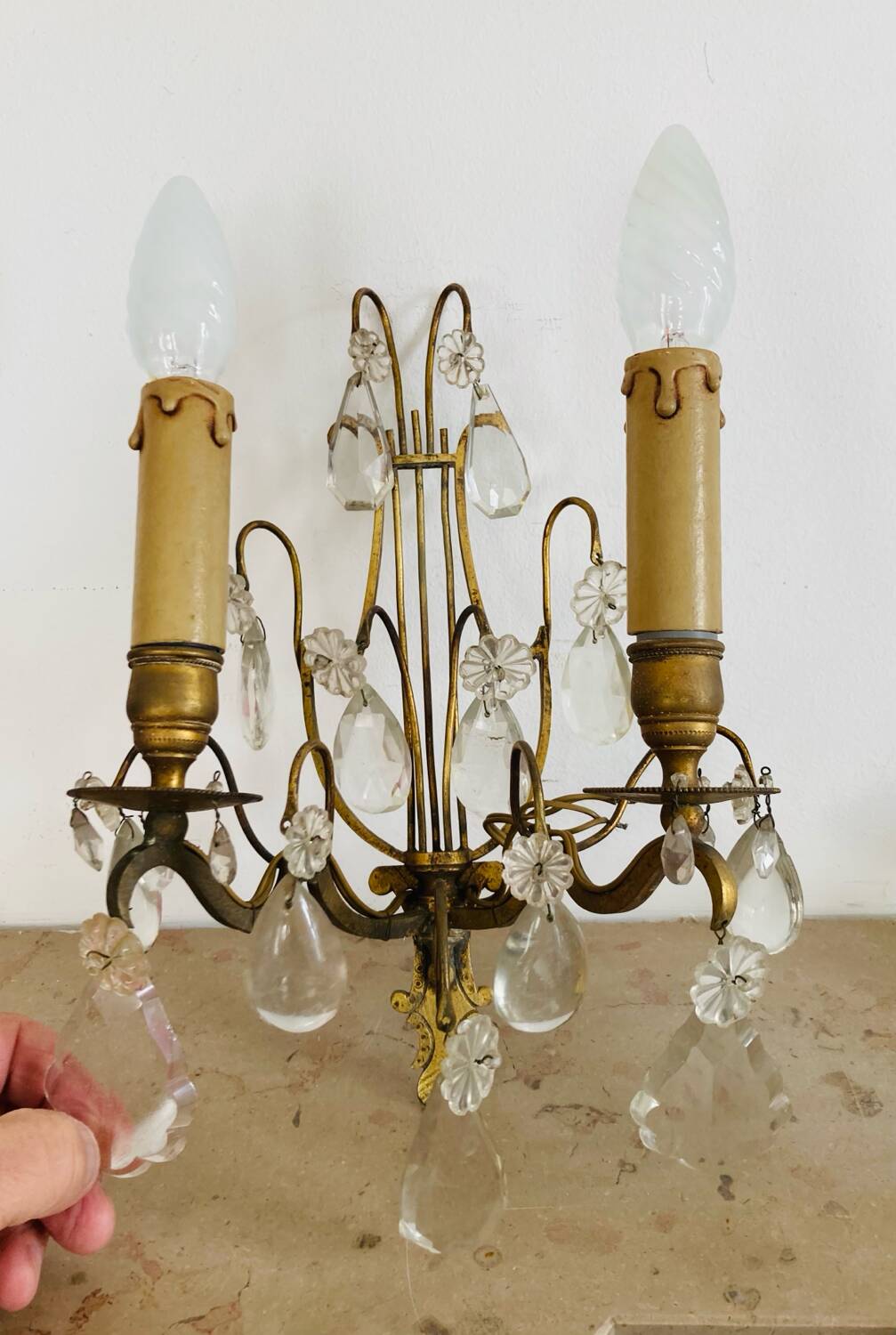 19th century Lyres wall lights in bronze, brass and glass pendants