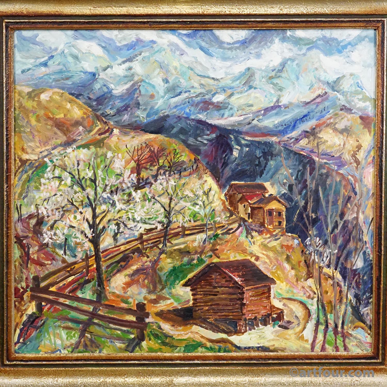 Oil painting by Alexander Michael – Mountain Chalets, 1980