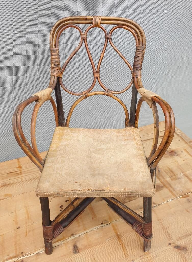 Children's armchair 1890 Chestnut, Rattan and damask velvet