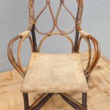 Fauteuil enfant 1890 châtaigner, rotin et velours damassé