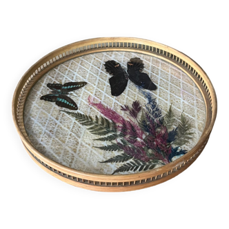 Bamboo tray with floral decor and butterflies