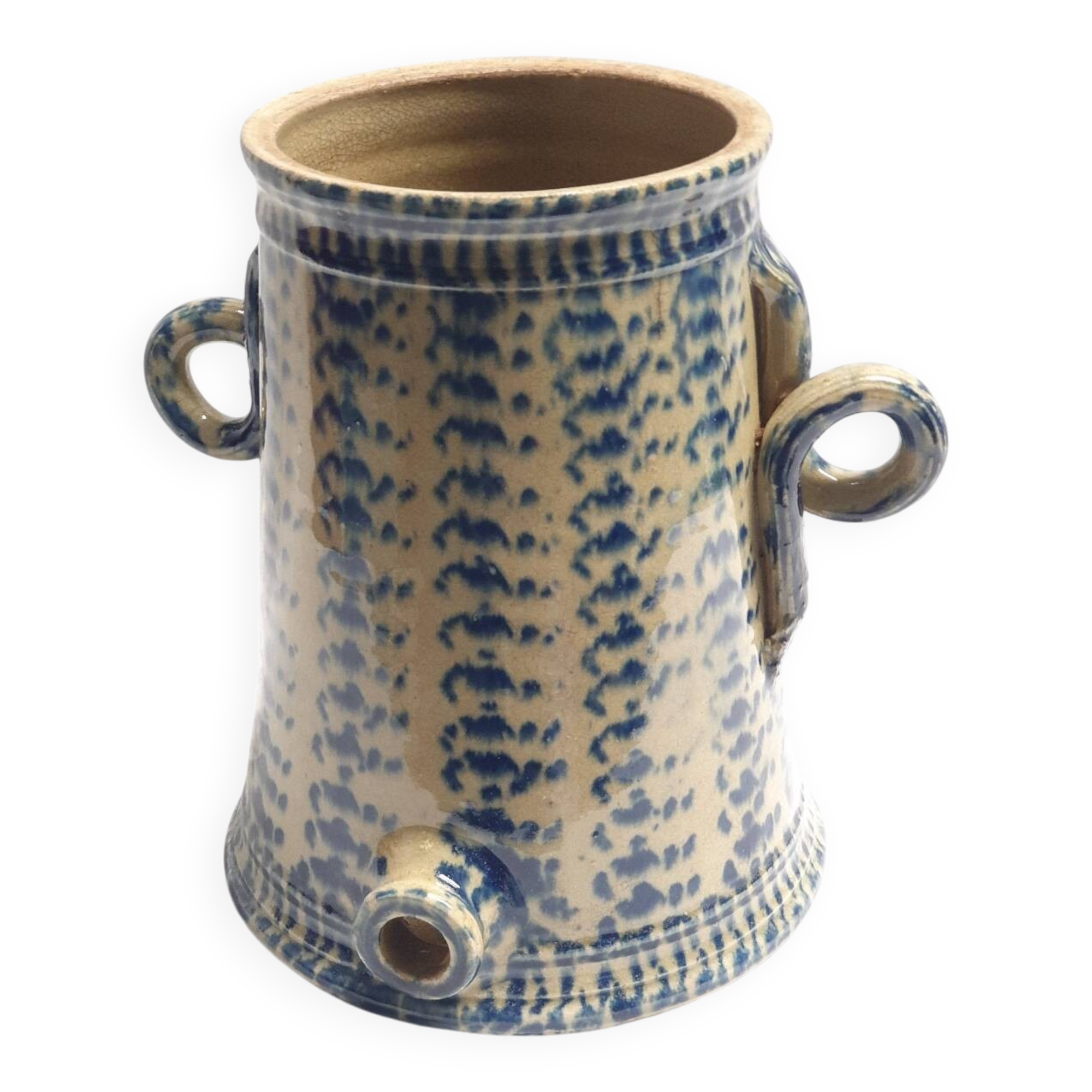 Vinaigrier ancien en grès vernissé – décor bleu éponge – vers 1880–192
