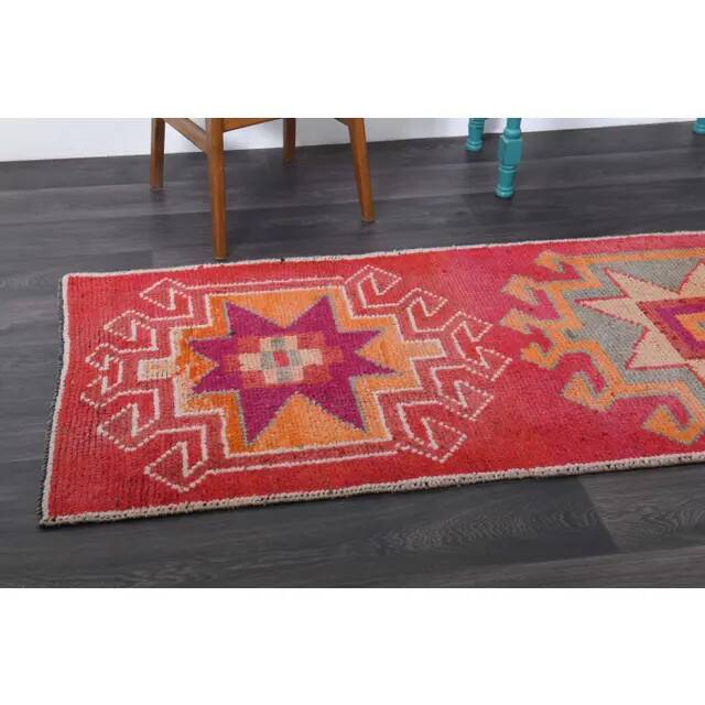Vintage Turkish Hand-Knotted Wool Cotton Red Runner Rug 88x299