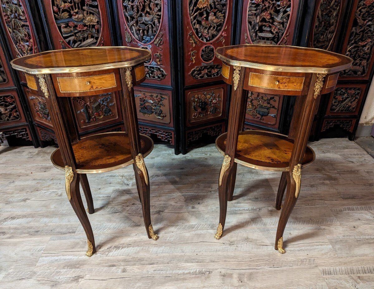 Pair of Louis XV style bedside tables in marquetry