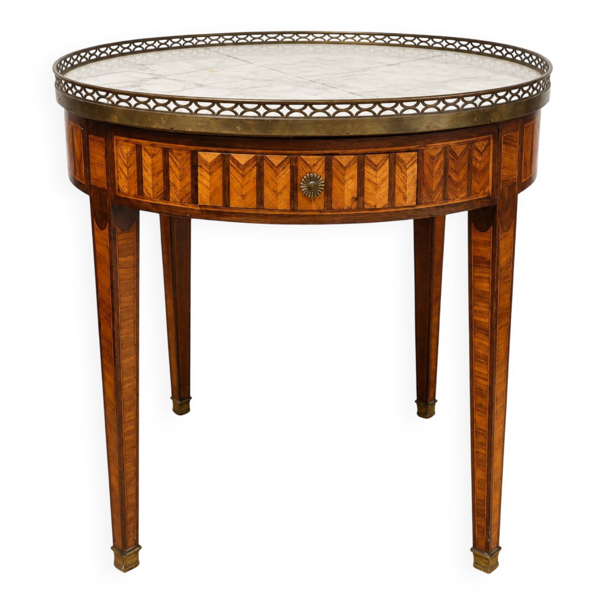 Bouillotte table in Louis XVI style with marquetry, marble, and brass.