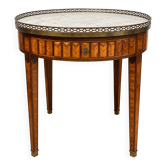 Bouillotte table in Louis XVI style with marquetry, marble, and brass.