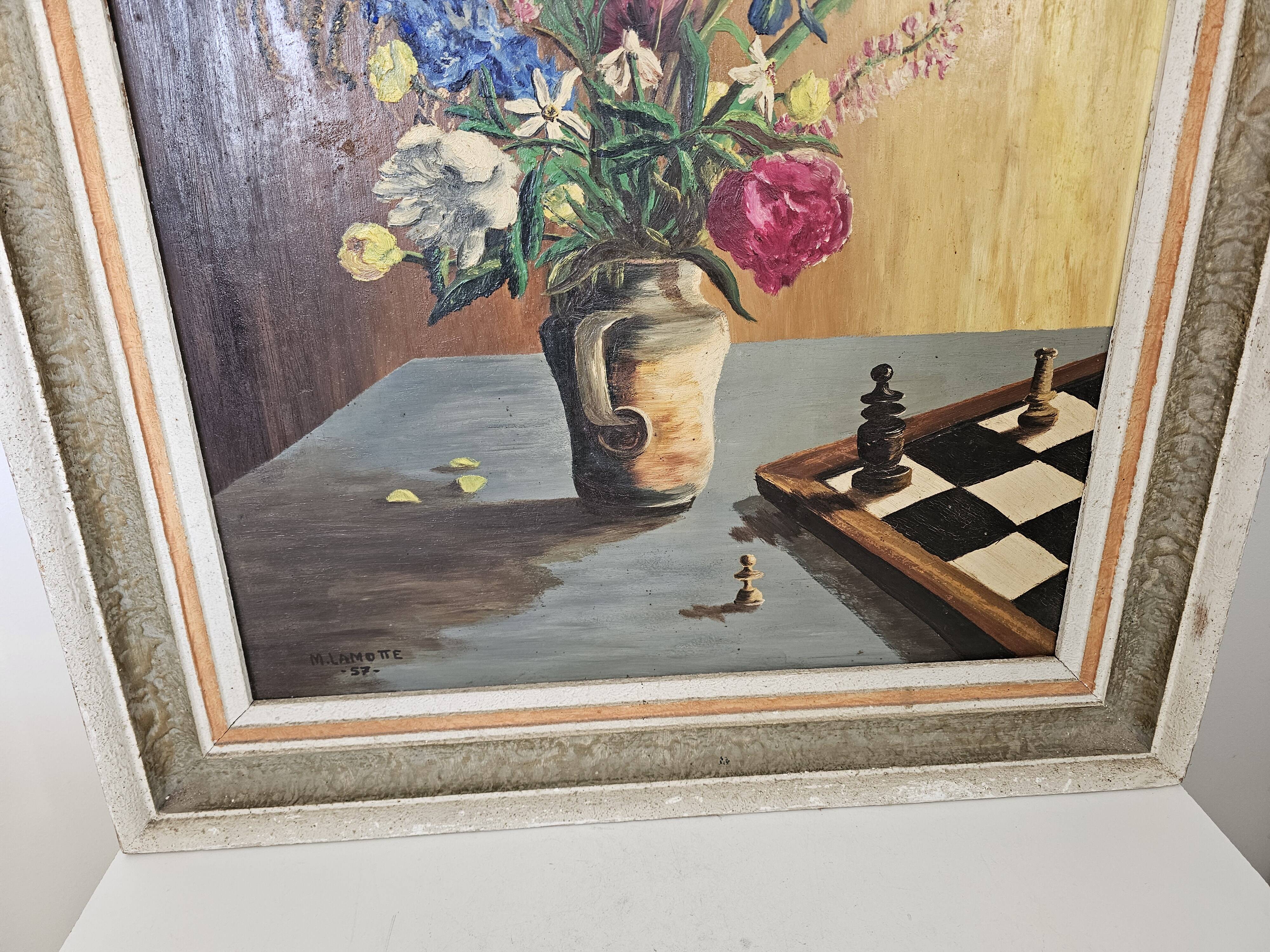 Oil on Isorel - Flower Bouquet / Chess Set - Michel Lamotte