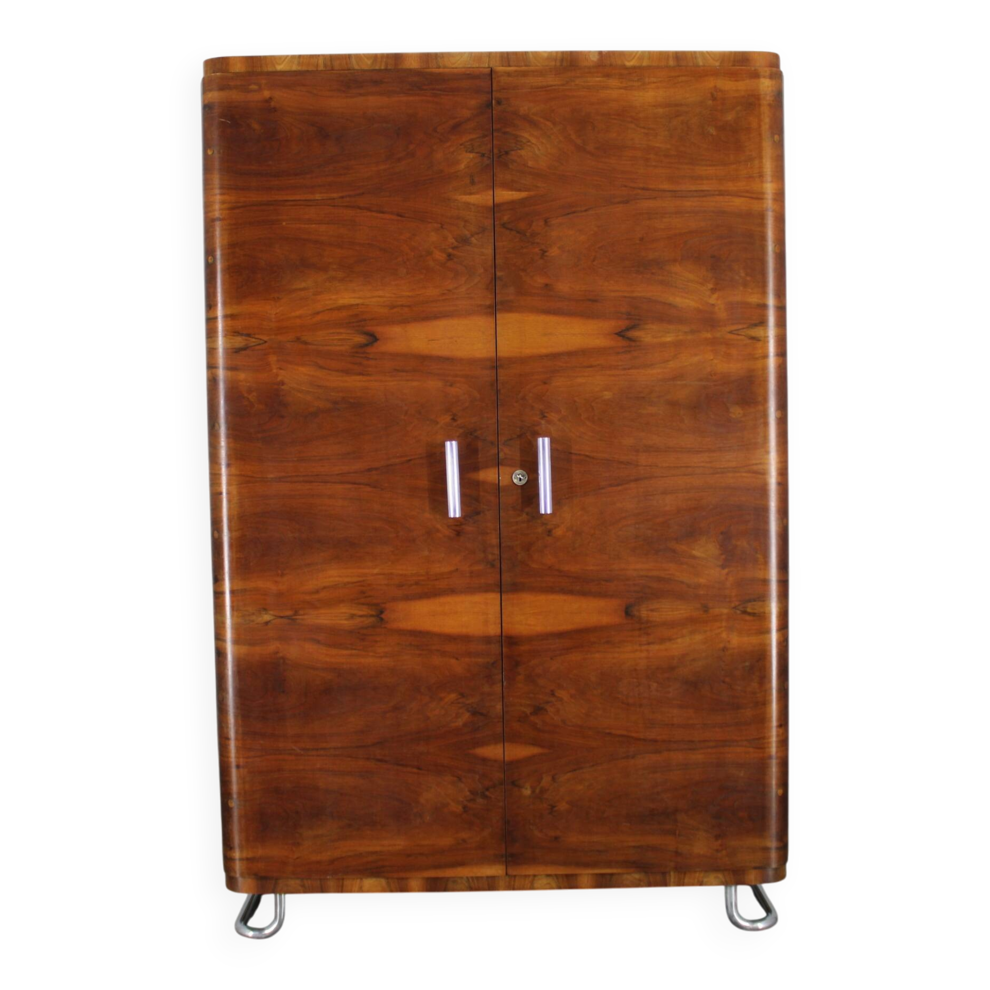 1940s Bauhaus Wardrobe by Hynek Gottwald , Walnut & Beech Veneer, Chrome De