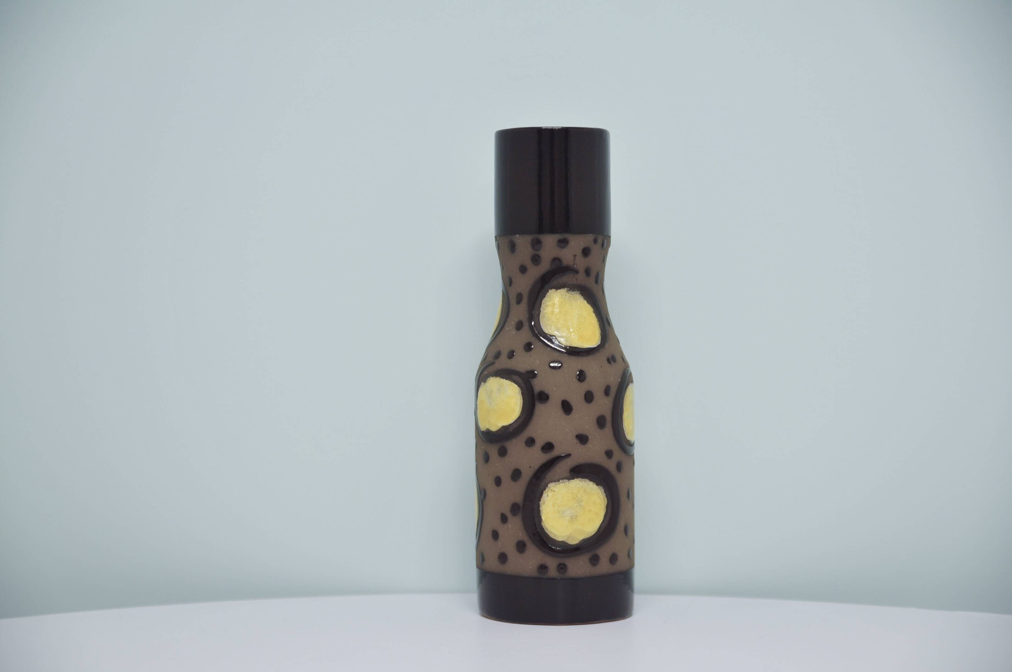 Vintage brown & yellow polka dot narrow vase strehla