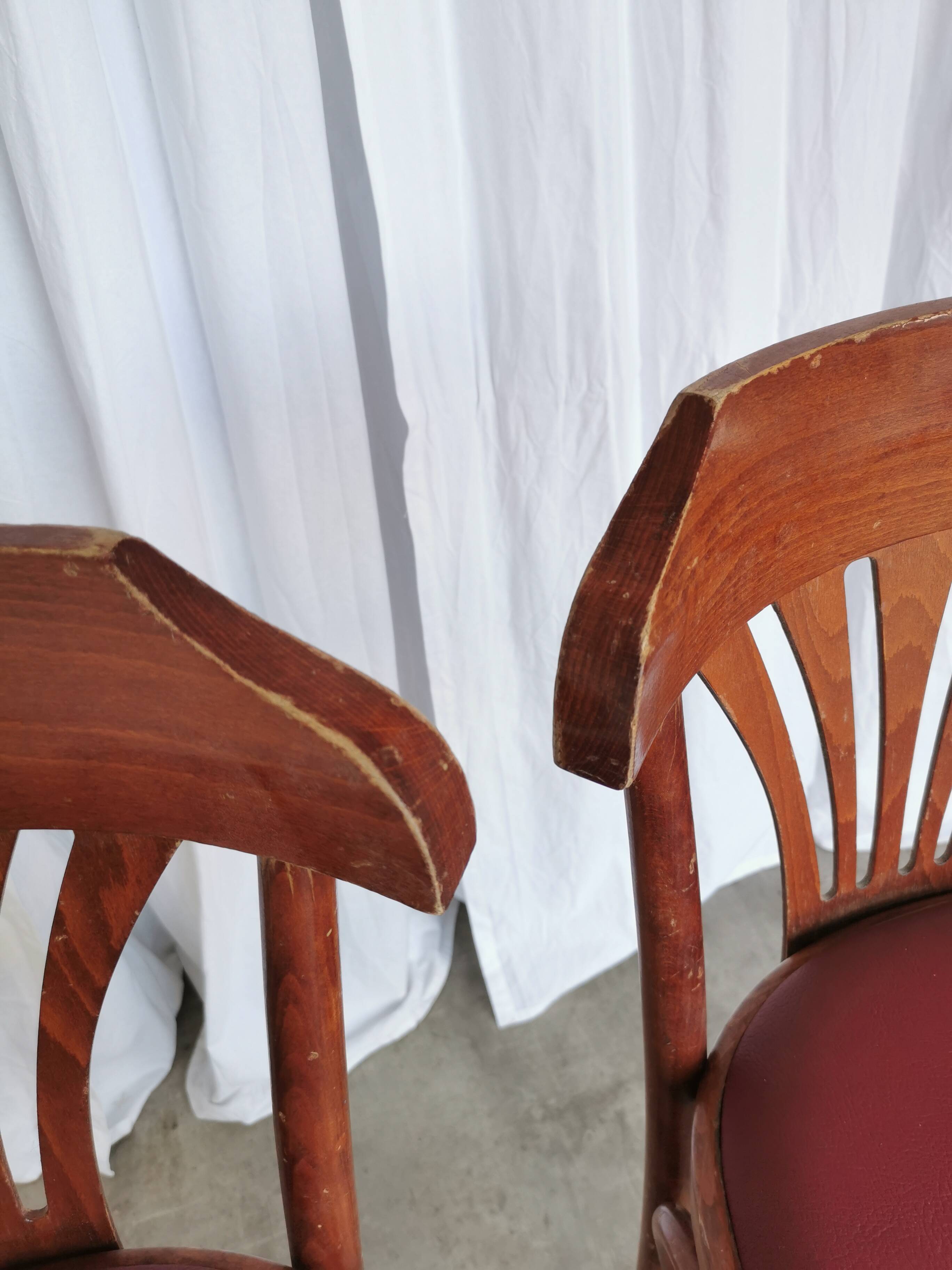 Mid-Century Thonet Style Bar Stools: Red Faux Leather Seat, Set of 2