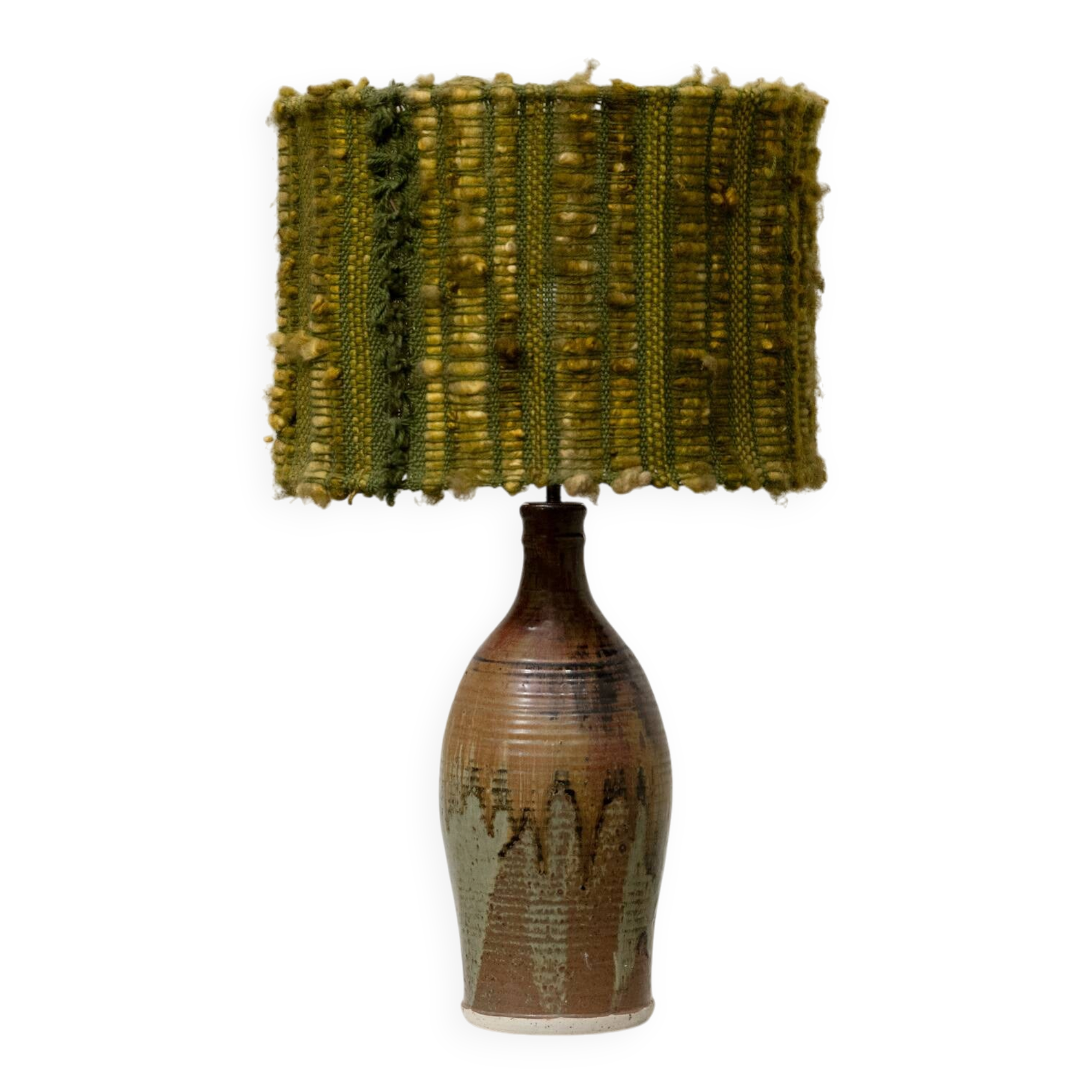 Vintage ceramic lamp with green wool shade, 1960s.