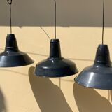 Three industrial suspensions in black and white enamelled sheet metal large format