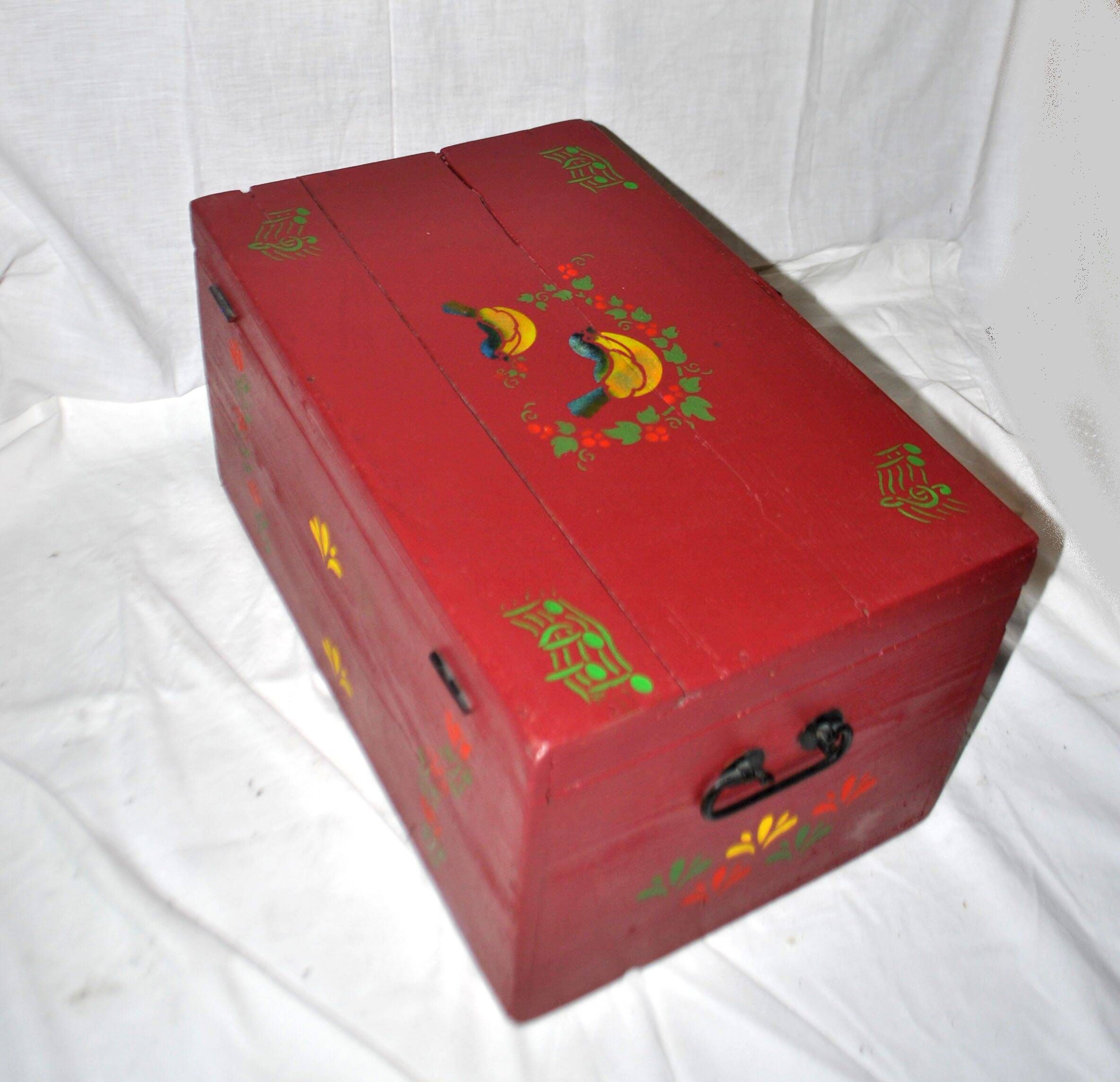 Vintage wooden trunk – toy chest or music box with painted stencil bird decoration.