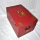 Vintage wooden trunk – toy chest or music box with painted stencil bird decoration.