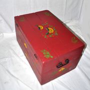 Vintage wooden trunk – toy chest or music box with painted stencil bird decoration.