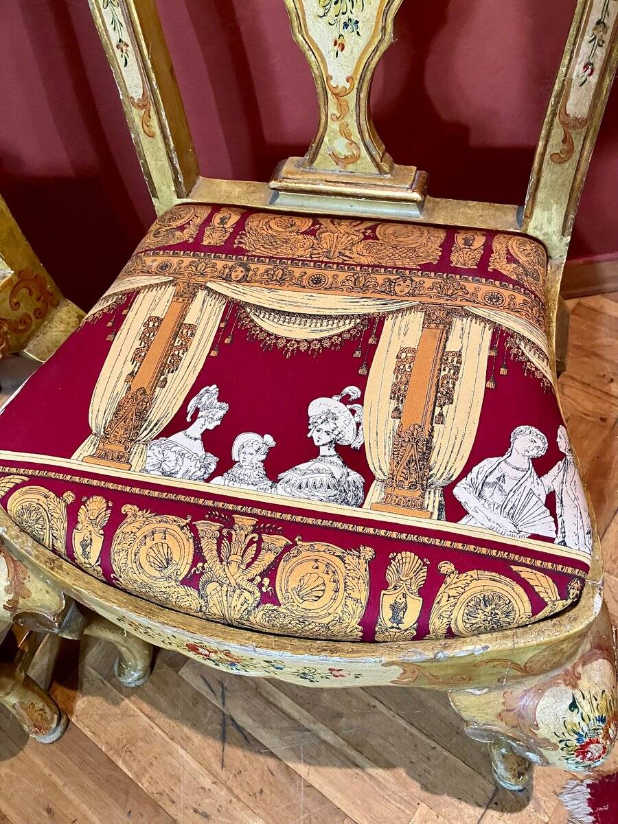 Venetian Lacquered Rococo-Style Armchairs with Hand-Painted Floral Décor and Theater-Inspired Upholstery, Set of 2