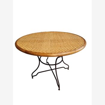 Vintage round table bamboo with iron base 105 cm