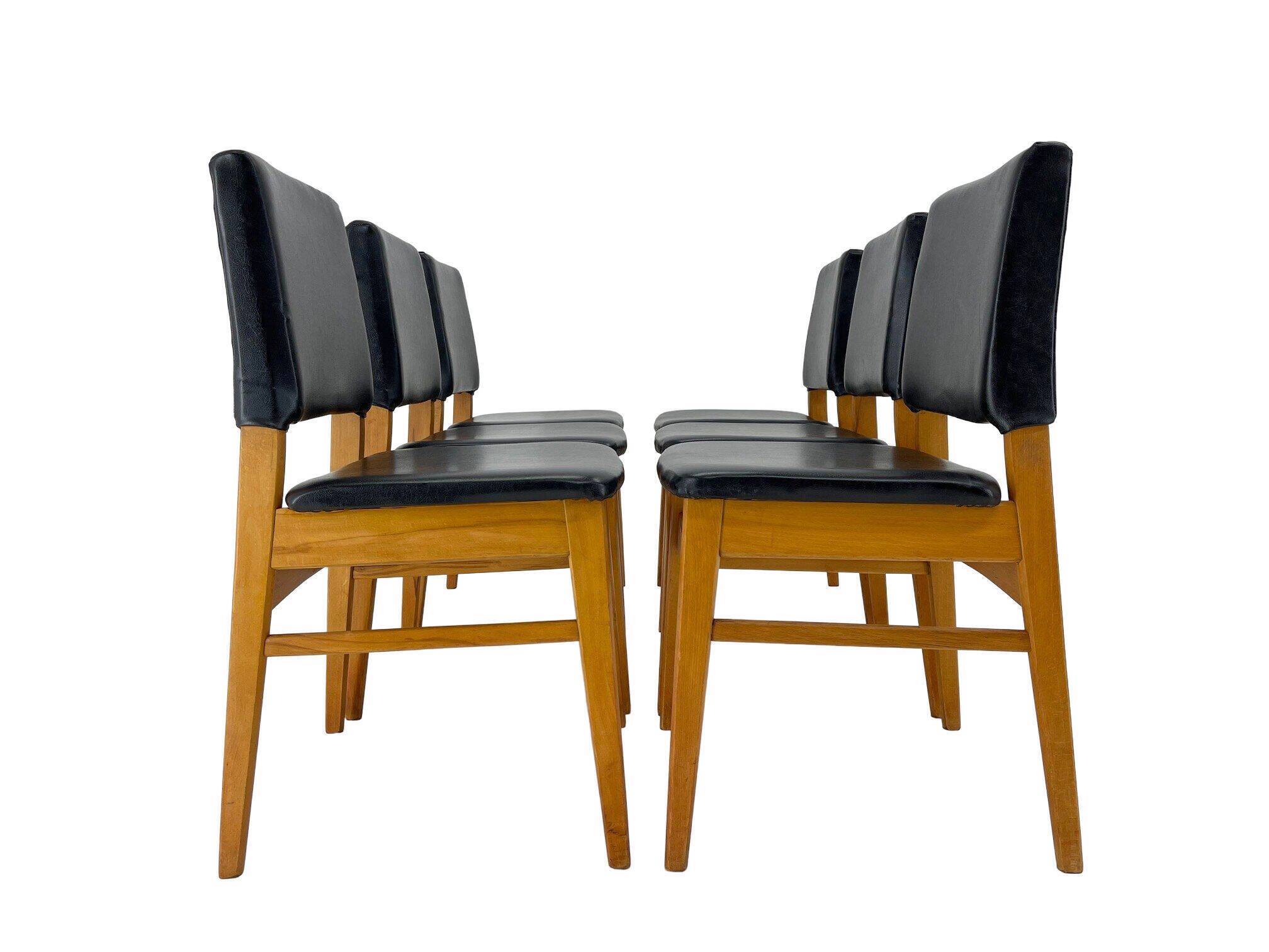 Set of 6 Leatherette & Wood Chairs, Czechoslovakia, 1960's