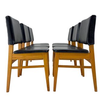 Set of 6 Leatherette & Wood Chairs, Czechoslovakia, 1960's