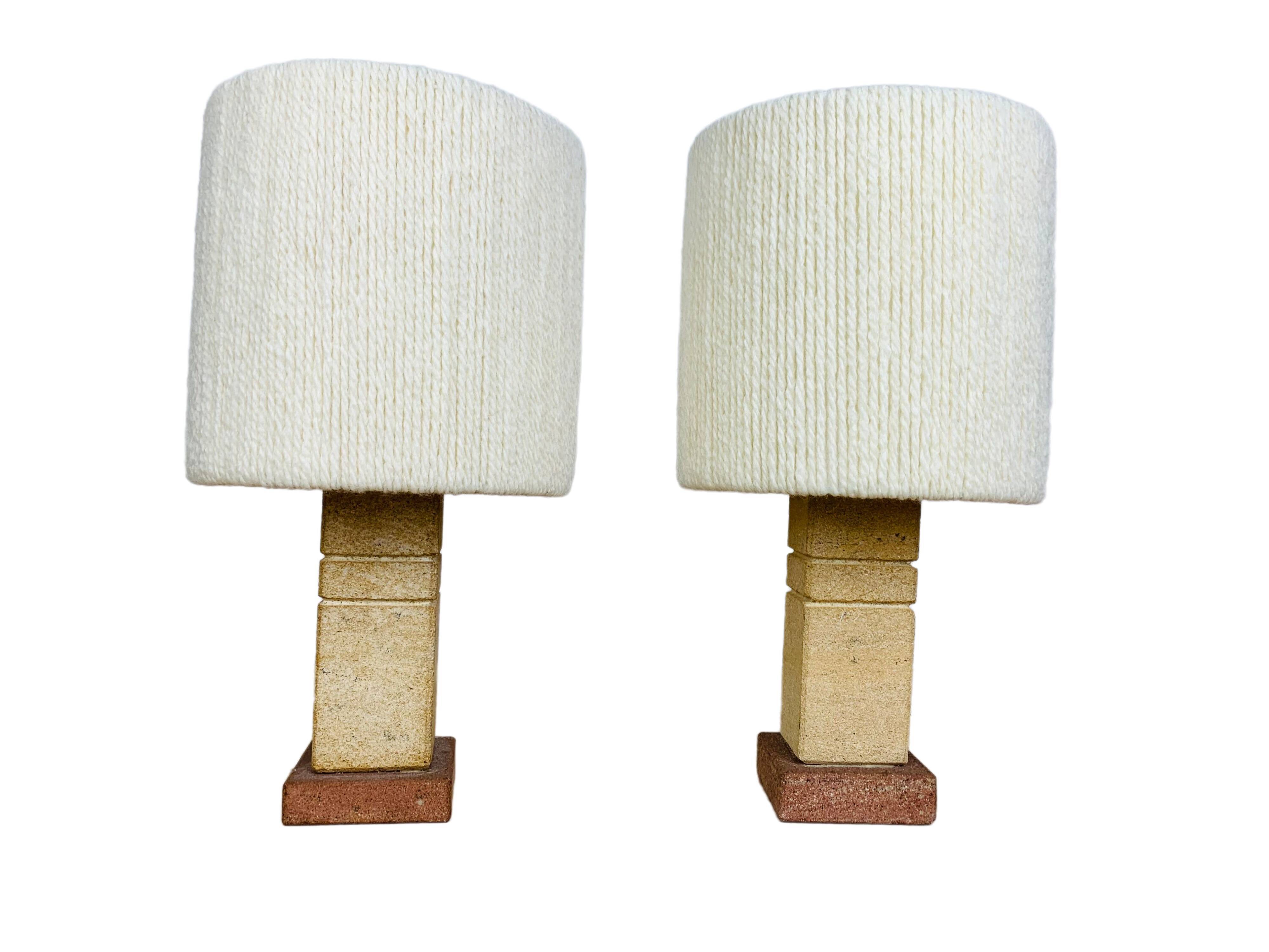 Pair of brutalist lamps pink sandstone and wool lampshade