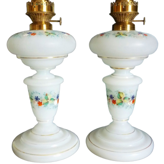 Pair of antique kerosene lamp, blown glass, painted opaline, enamelled and gilded