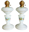Pair of antique kerosene lamp, blown glass, painted opaline, enamelled and gilded