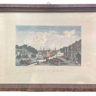 Gravure ancienne, vue du port de Morlaix , XX siècle