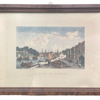 Antique engraving, view of the port of Morlaix, XX century