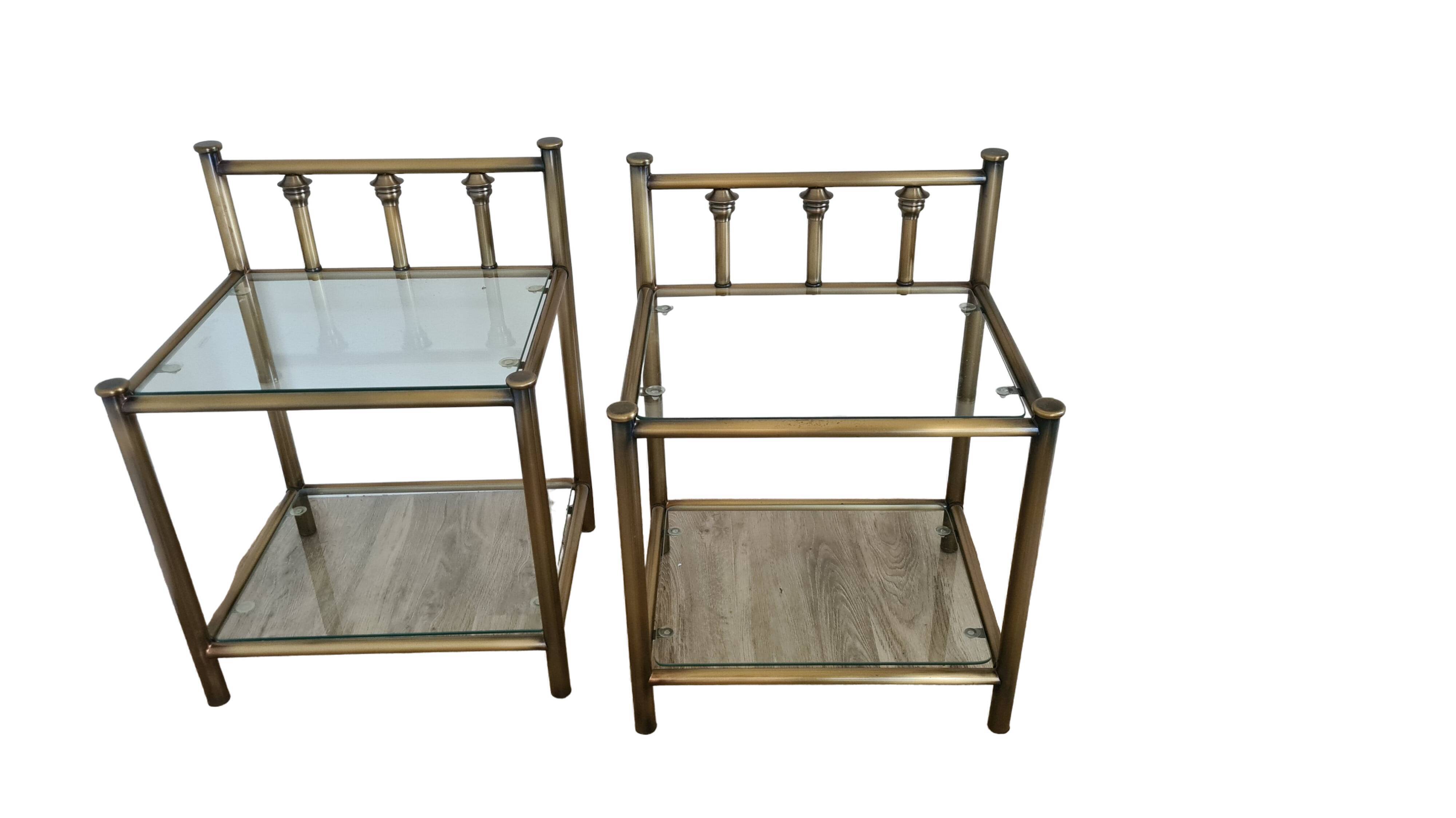 Old pair of glass and brass bedside tables, 80s