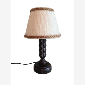 Lampe de chevet en bois structuré et abat jour en tissu écru, années 50-60