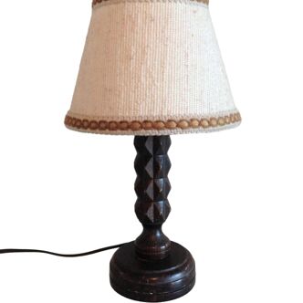 Structured wooden bedside lamp and lampshade in ecru fabric, 50s-60s