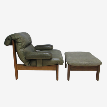 Armchair and footstool - green leather - 1960s